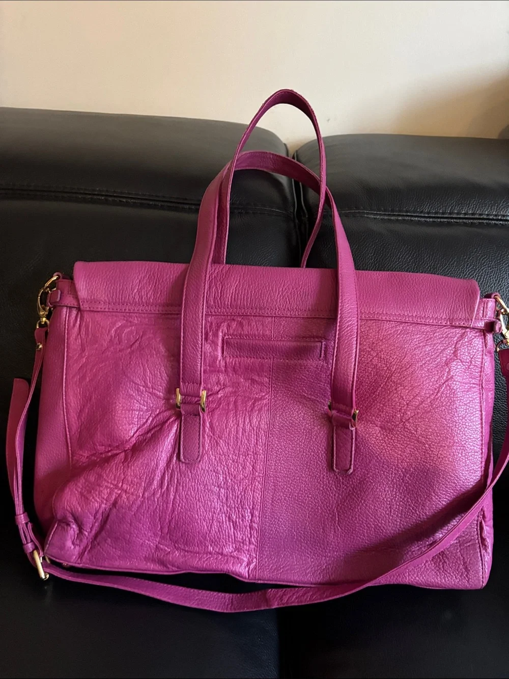 Women's Hot Pink Leather Laptop Tote with Removable Strap